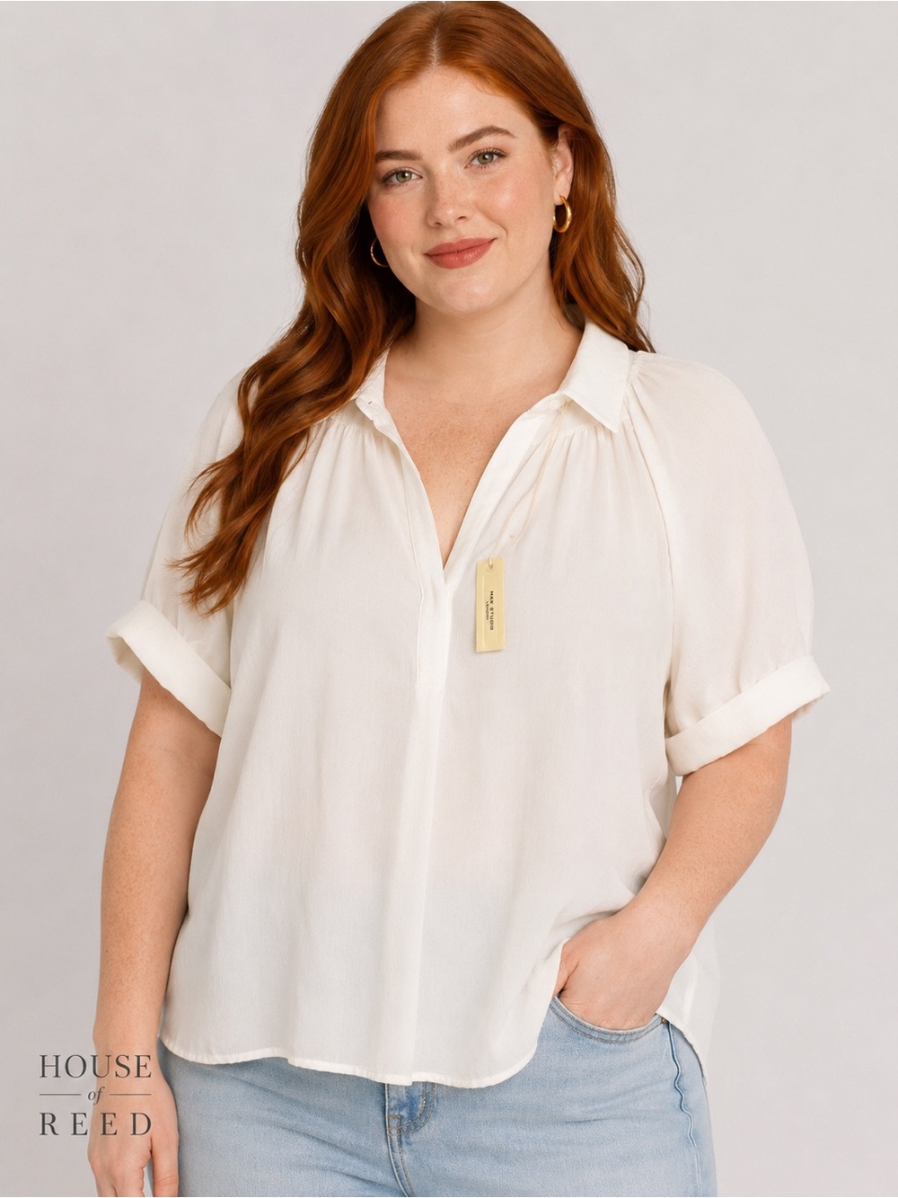 Max Studio London White Blouse 1X NWT Oversized Collared Tunic Top Minimalist